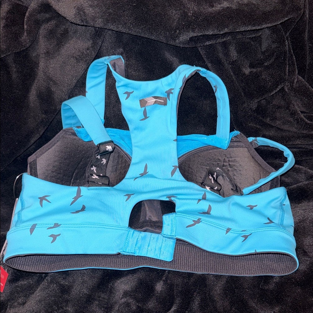 Oiselle Teal Bra with Black Bird Pattern 36C New - Picture 4 of 11